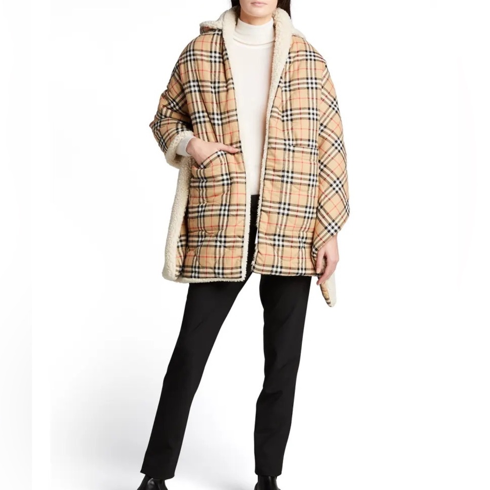Burberry Camel 200x60 Vintage Check & Flannel Hooded Pocket Stole